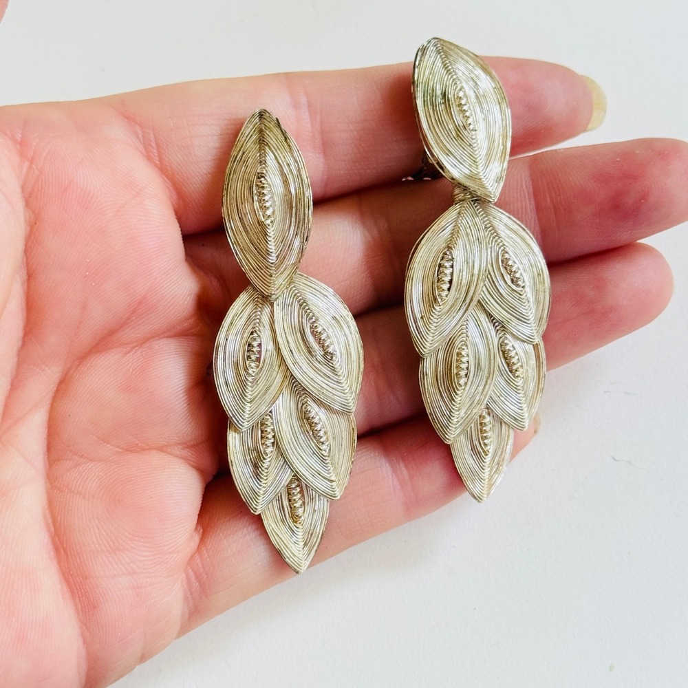 VTG Victorian Revival West Germany Wire Earrings silver tone Dangle Clip 2.5"